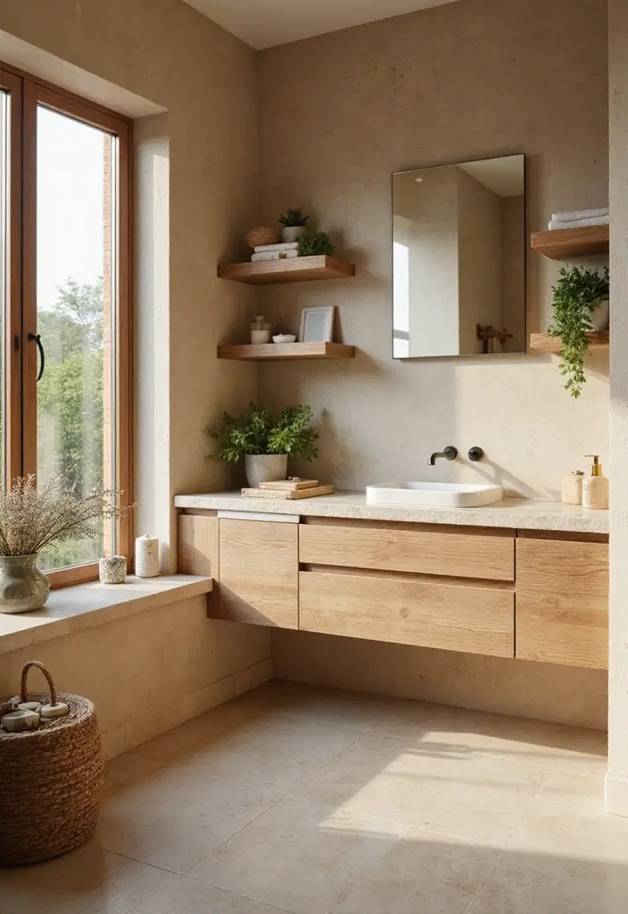 25 Beige Countertops Bathroom Ideas That Feel Warm and Elegant - 1. Warm Tones with Natural Wood Accents