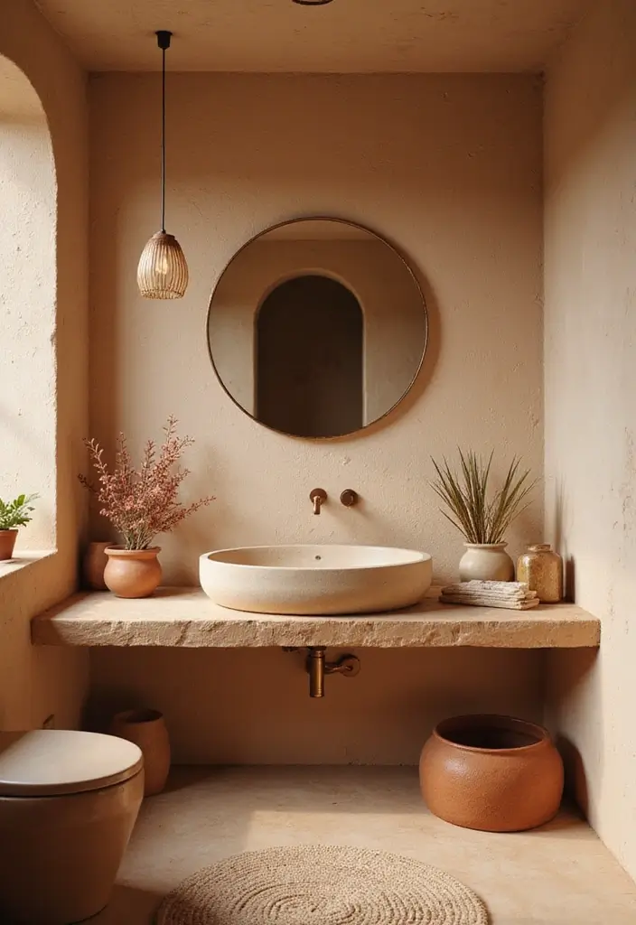 25 Beige Countertops Bathroom Ideas That Feel Warm and Elegant - 12. Earthy Tones with Terracotta