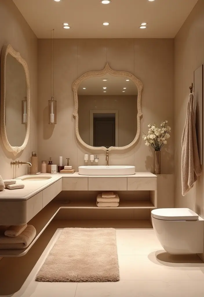 25 Beige Countertops Bathroom Ideas That Feel Warm and Elegant - 13. Luxurious Textures with Velvet Accessories