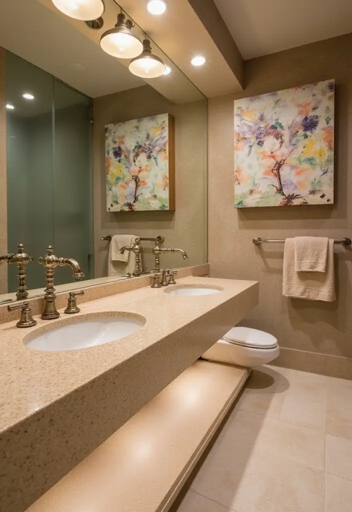 25 Beige Countertops Bathroom Ideas That Feel Warm and Elegant - 14. Artistic Flair with Unique Faucets