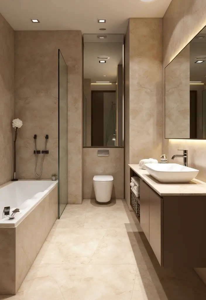 25 Beige Countertops Bathroom Ideas That Feel Warm and Elegant - 15. Contemporary Chic with Geometric Patterns