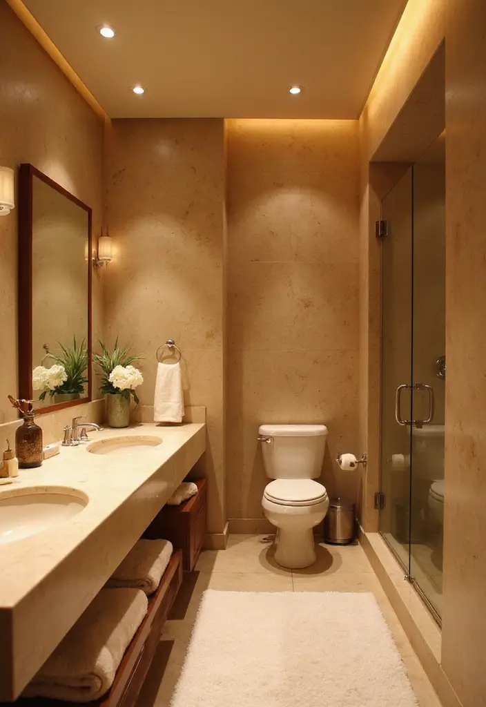 25 Beige Countertops Bathroom Ideas That Feel Warm and Elegant - 17. Warm Earth Tones with Soft Lighting