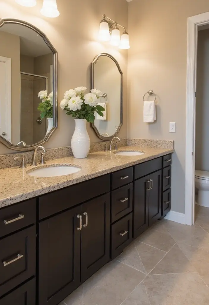 25 Beige Countertops Bathroom Ideas That Feel Warm and Elegant - 18. Two-Toned Beauty with Beige and Dark Shades