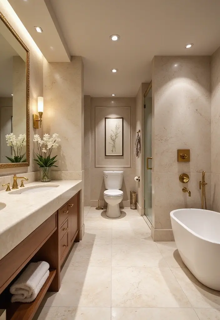 25 Beige Countertops Bathroom Ideas That Feel Warm and Elegant - 2. Elegant Marble and Beige Combination