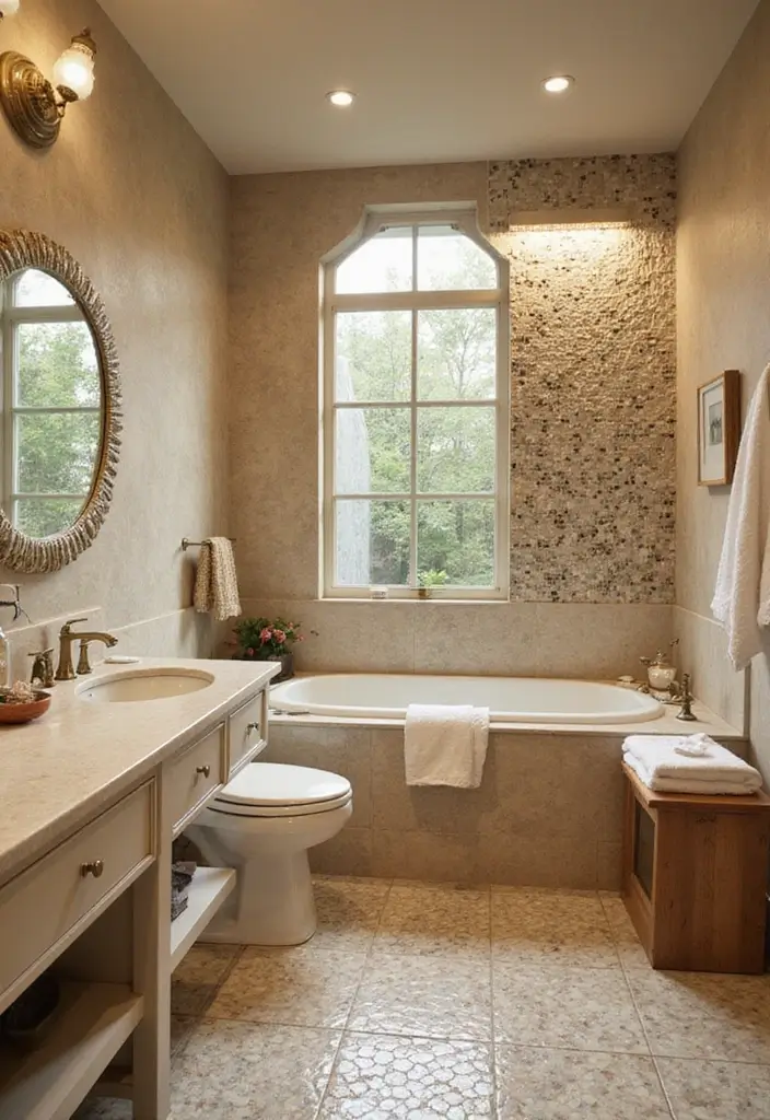 25 Beige Countertops Bathroom Ideas That Feel Warm and Elegant - 21. Artistic Mosaics for a Unique Touch