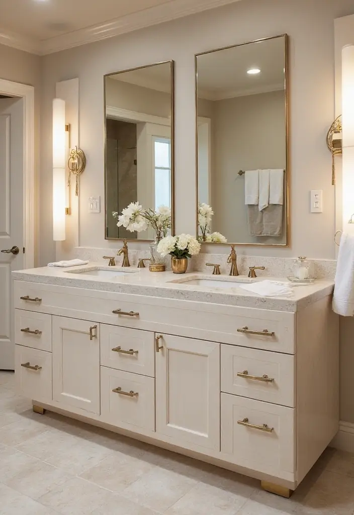 25 Beige Countertops Bathroom Ideas That Feel Warm and Elegant - 22. Soft Glam with Metallic Accents