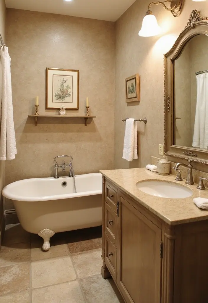25 Beige Countertops Bathroom Ideas That Feel Warm and Elegant - 4. Vintage Vibes with Antique Fixtures