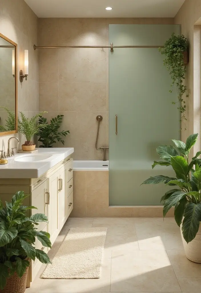 25 Beige Countertops Bathroom Ideas That Feel Warm and Elegant - 6. Spa-Like Serenity with Beige and Green