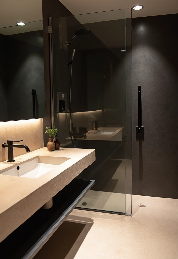 25 Beige Countertops Bathroom Ideas That Feel Warm and Elegant - 8. Bold Contrast with Dark Accents