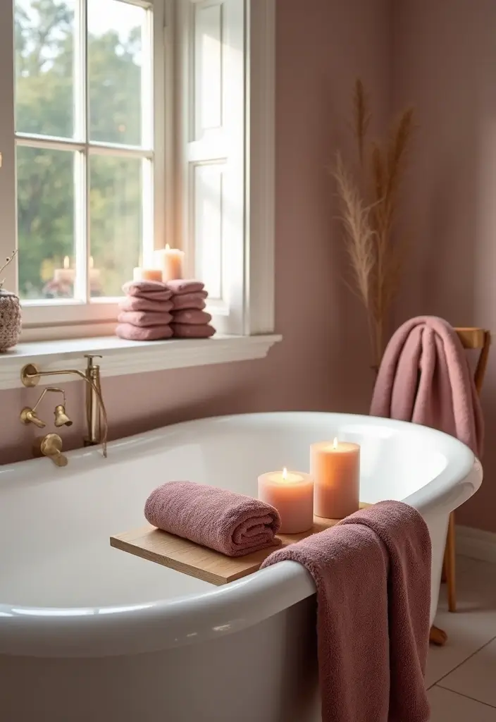 26 Mauve Bathroom Ideas That Add a Soft Romantic Touch - 13. Mauve Bathtub Accessories
