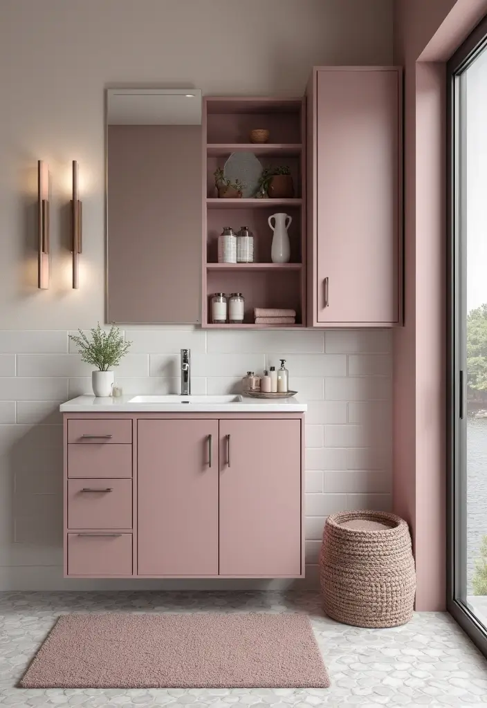 26 Mauve Bathroom Ideas That Add a Soft Romantic Touch - 14. Mauve Storage Solutions
