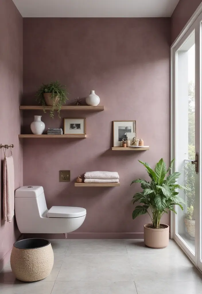 26 Mauve Bathroom Ideas That Add a Soft Romantic Touch - 18. Mauve Wall Shelves