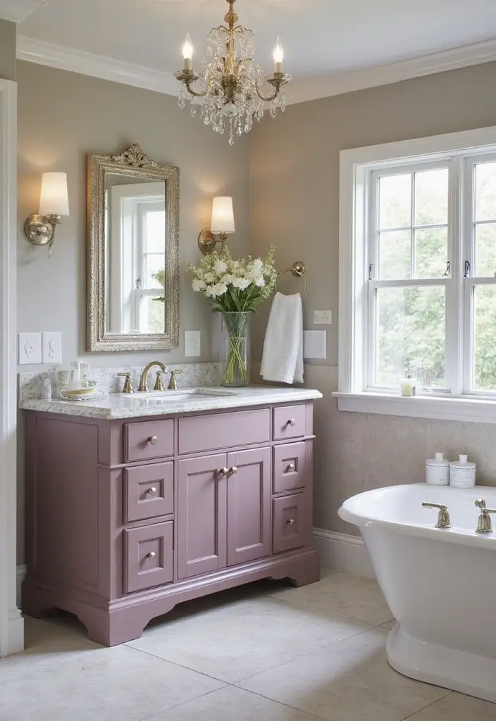 26 Mauve Bathroom Ideas That Add a Soft Romantic Touch - 22. Mauve Accent Furniture