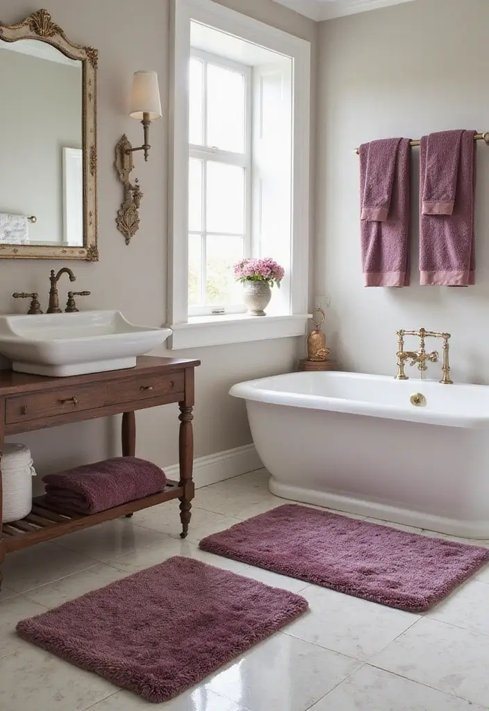 26 Mauve Bathroom Ideas That Add a Soft Romantic Touch - 4. Elegant Mauve Bath Mats