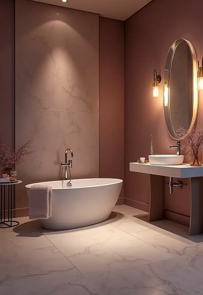 26 Mauve Bathroom Ideas That Add a Soft Romantic Touch - 5. Sophisticated Mauve Lighting Fixtures
