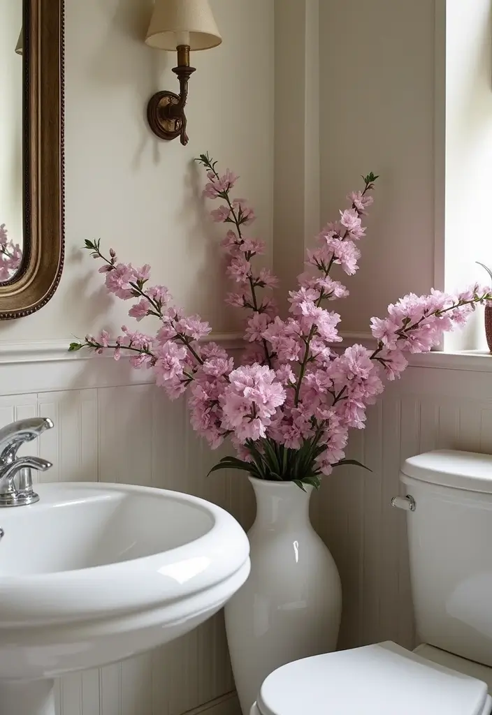 26 Mauve Bathroom Ideas That Add a Soft Romantic Touch - 9. Mauve Floral Arrangements