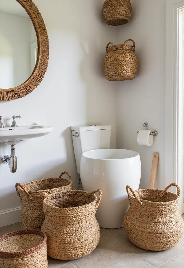 27 African Bathroom Decor Ideas With Cultural Beauty - 2. Handwoven Baskets
