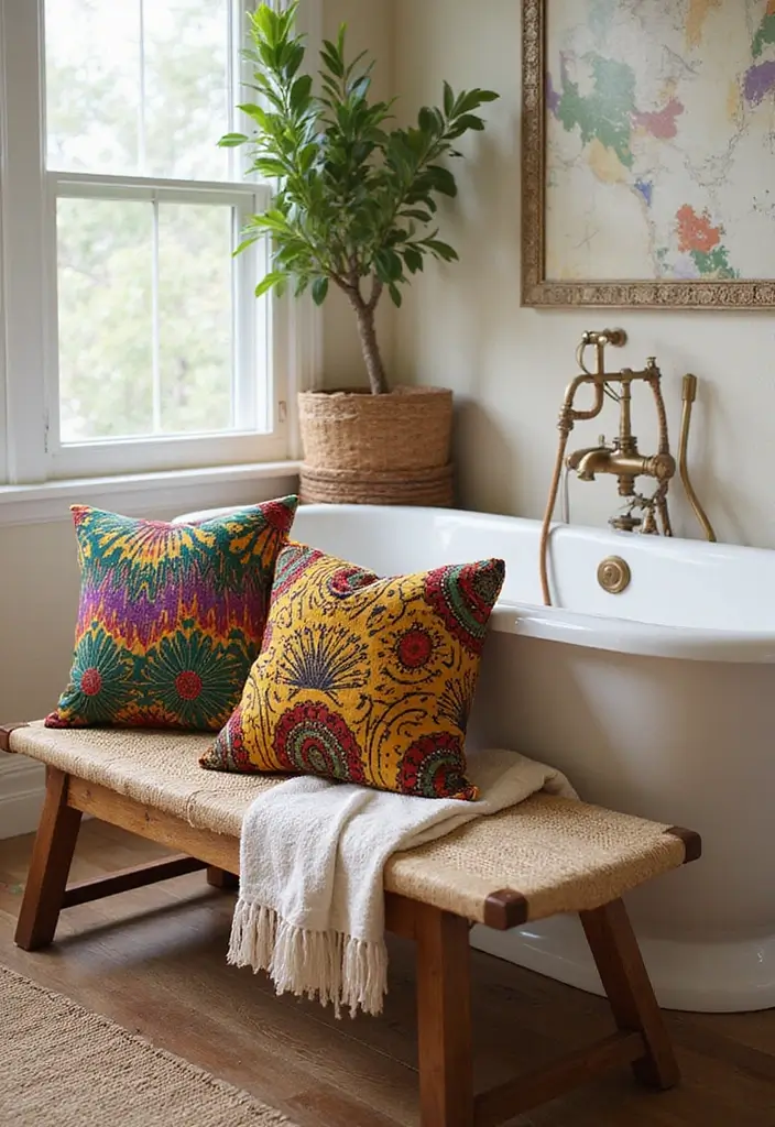 27 African Bathroom Decor Ideas With Cultural Beauty - 4. Colorful Throw Pillows