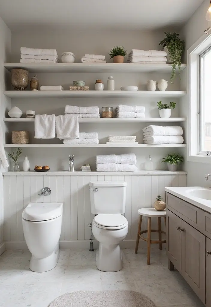 27 Light Bathroom Ideas That Feel Airy and Bright - 10. Open Shelving