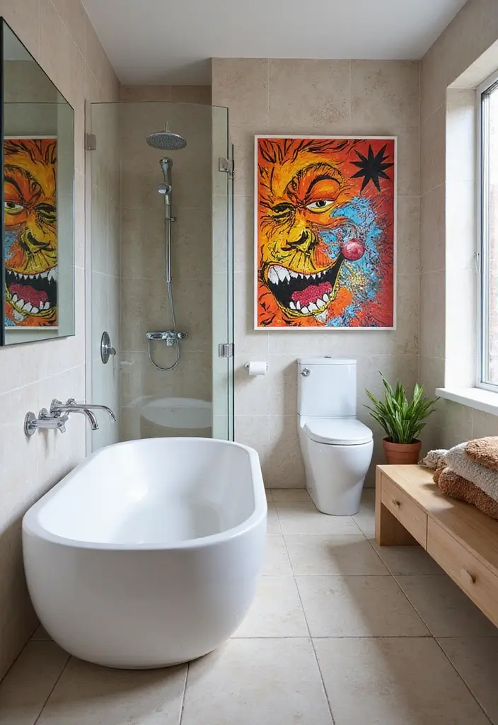 27 Light Bathroom Ideas That Feel Airy and Bright - 15. Bright Artwork