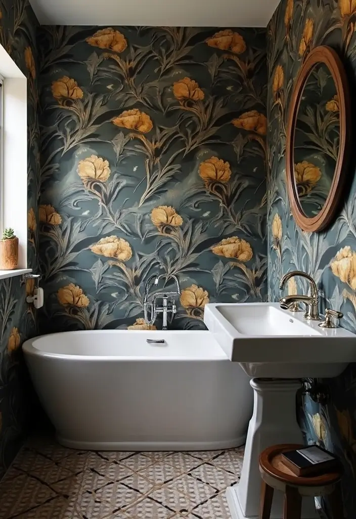 27 Moody Bathroom Decor Ideas With Spa Energy - 19. Bold Wallpaper