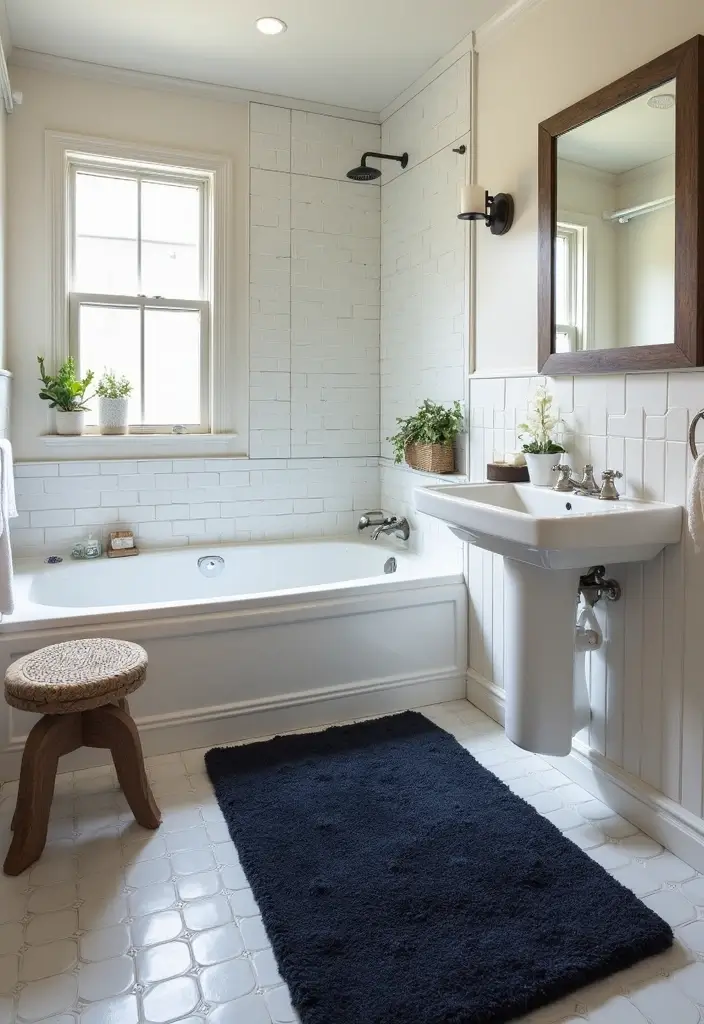 27 Navy and Black Bathroom Ideas That Feel Bold and Modern - 10. Navy and Black Rugs