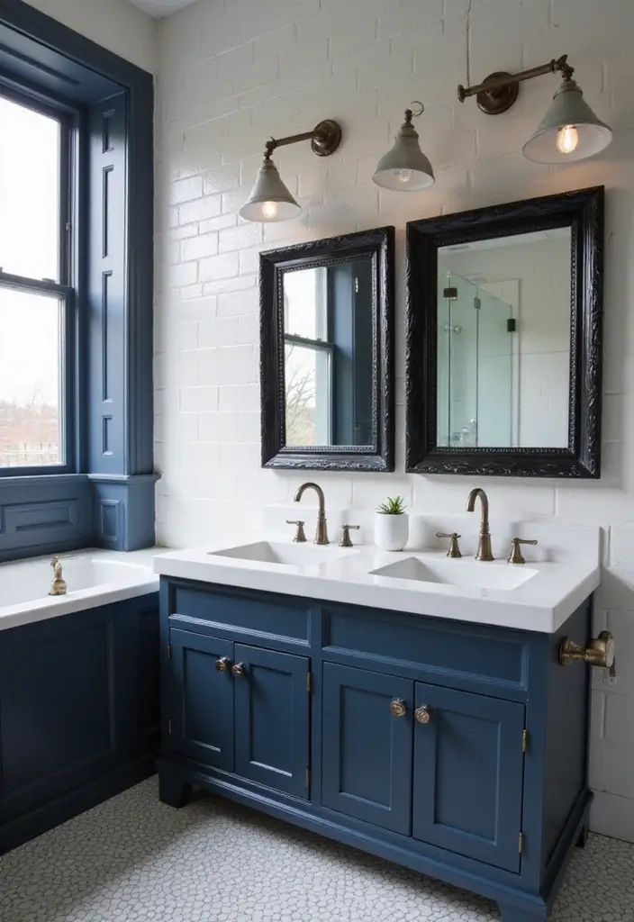 27 Navy and Black Bathroom Ideas That Feel Bold and Modern - 16. Eye-Catching Navy and Black Mirrors
