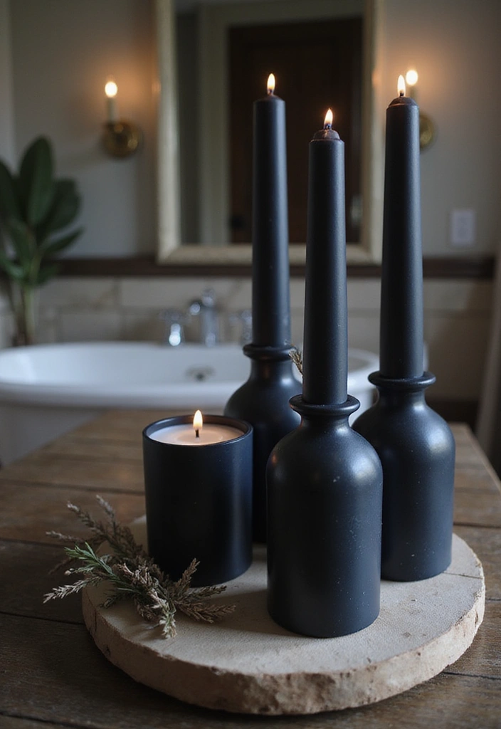27 Navy and Black Bathroom Ideas That Feel Bold and Modern - 17. Navy and Black Candles