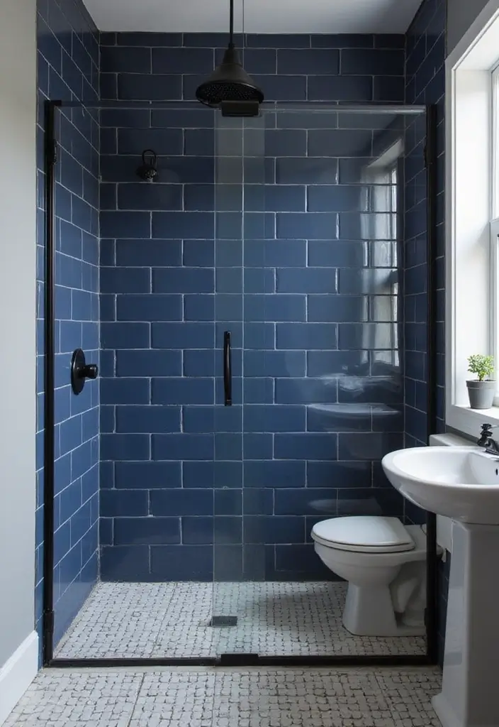 27 Navy and Black Bathroom Ideas That Feel Bold and Modern - 19. Navy Shower Tiles