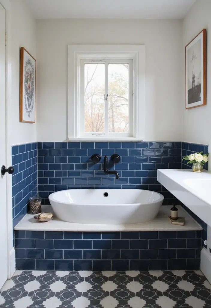 27 Navy and Black Bathroom Ideas That Feel Bold and Modern - 22. Navy Tiled Backsplash
