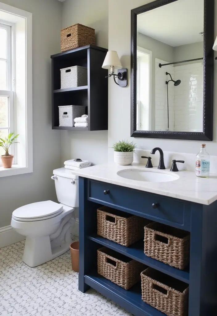 27 Navy and Black Bathroom Ideas That Feel Bold and Modern - 23. Navy and Black Storage Solutions