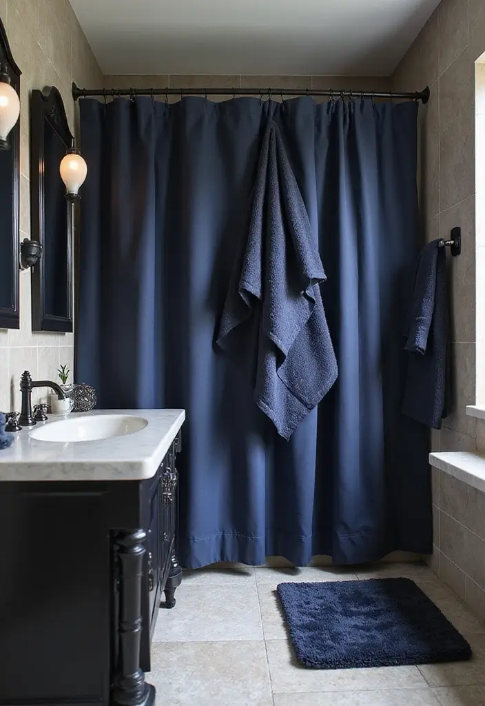 27 Navy and Black Bathroom Ideas That Feel Bold and Modern - 24. Navy and Black Textiles