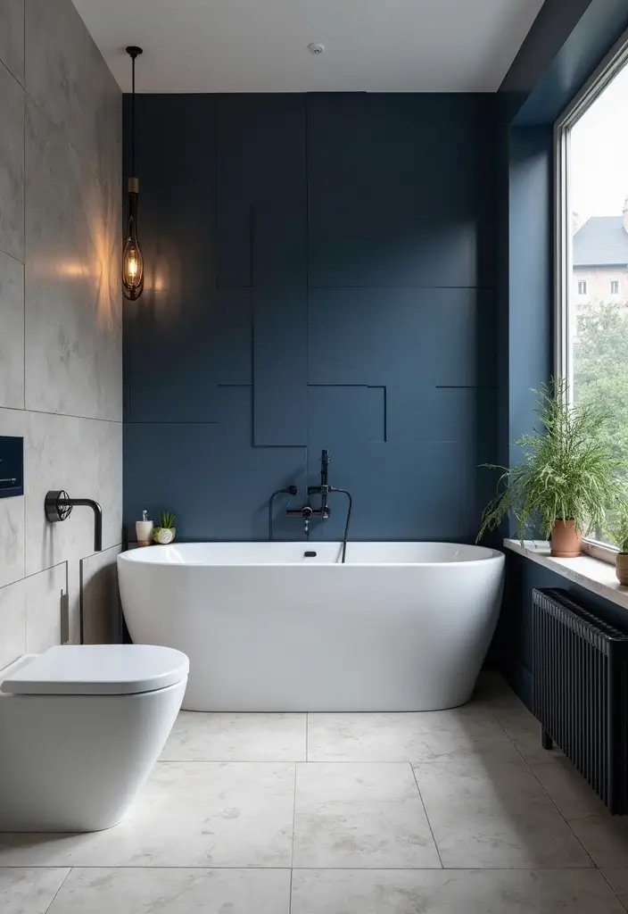 27 Navy and Black Bathroom Ideas That Feel Bold and Modern - 25. Navy Color Block Design