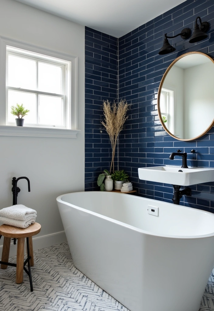 27 Navy and Black Bathroom Ideas That Feel Bold and Modern - 3. Navy Subway Tiles
