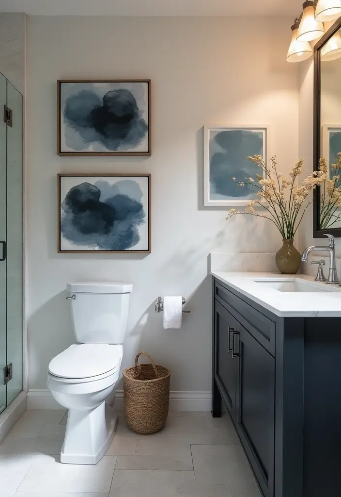27 Navy and Black Bathroom Ideas That Feel Bold and Modern - 5. Chic Navy and Black Artwork
