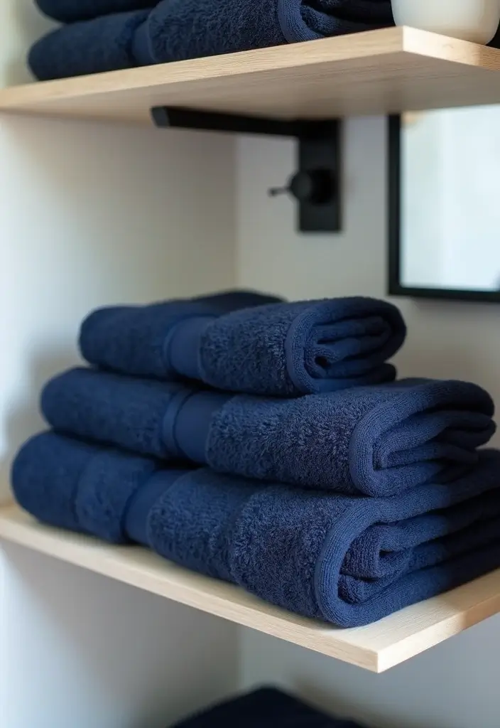 27 Navy and Black Bathroom Ideas That Feel Bold and Modern - 6. Stylish Navy Towels