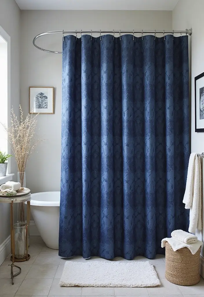 27 Navy and Black Bathroom Ideas That Feel Bold and Modern - 8. Luxurious Navy Shower Curtain