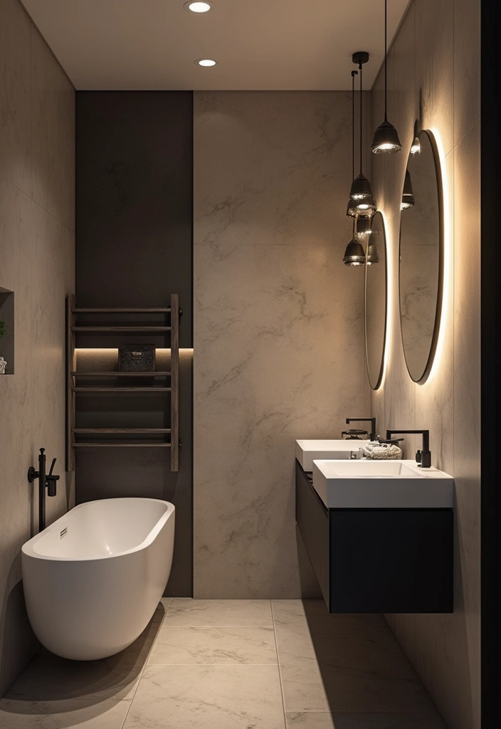 27 Navy and Black Bathroom Ideas That Feel Bold and Modern - 9. Unique Black Lighting Fixtures