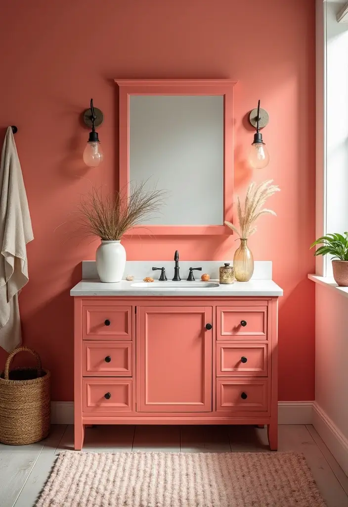 27 Painted Bathroom Vanity Colors That Instantly Refresh Your Space - 11. Bright Coral