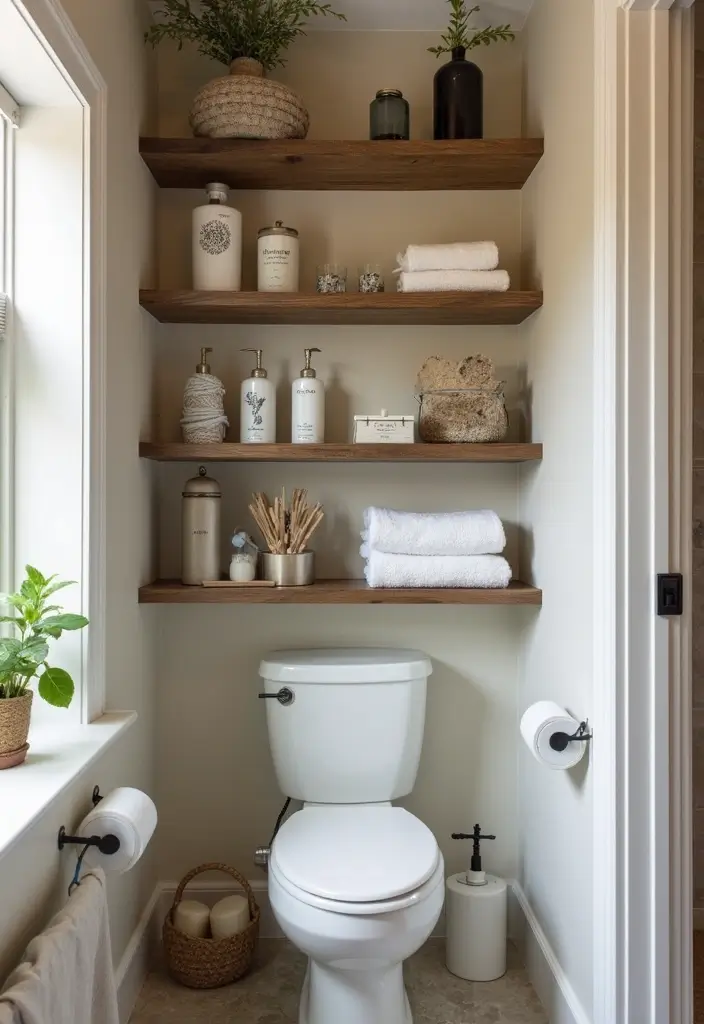 27 Small Bathroom Cabinet Ideas That Add Storage - 14. Open Shelving Units