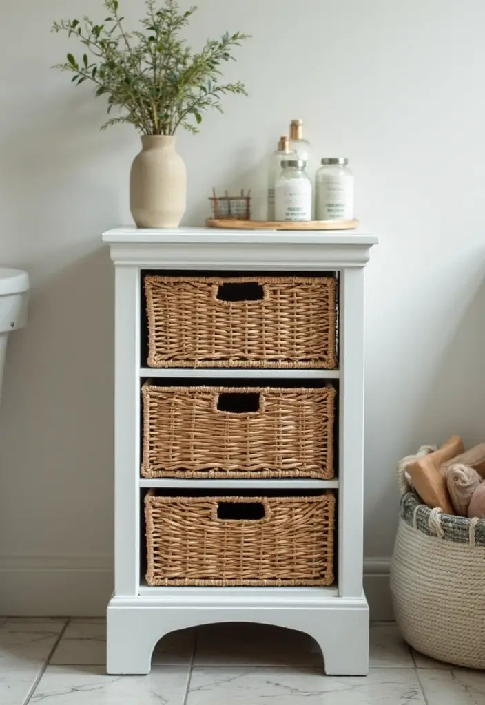 27 Small Bathroom Cabinet Ideas That Add Storage - 18. Basket Drawers