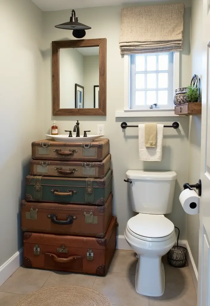 27 Small Bathroom Cabinet Ideas That Add Storage - 23. Vintage Suitcase Storage