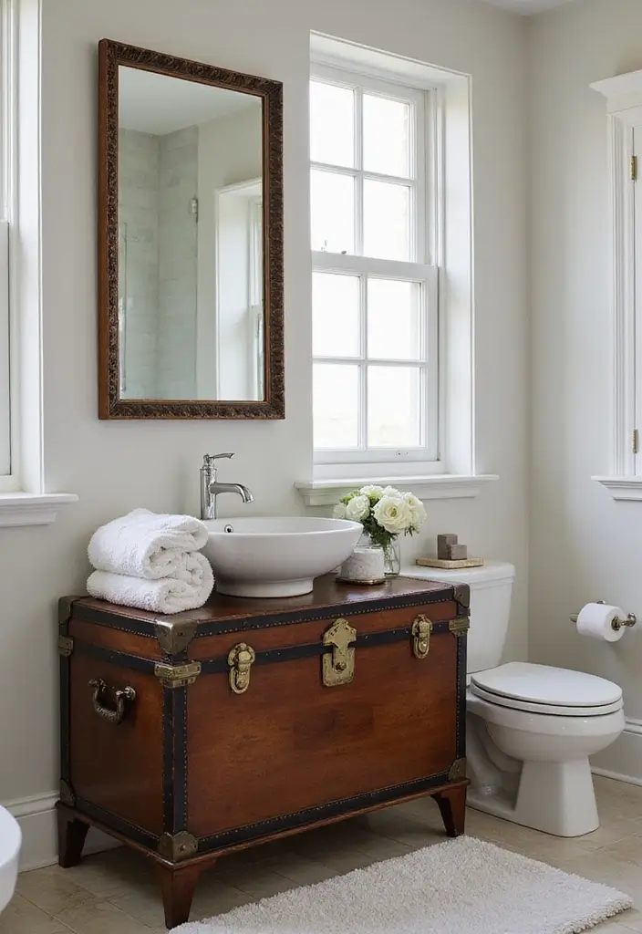 27 Small Bathroom Cabinet Ideas That Add Storage - 26. An Antique Trunk