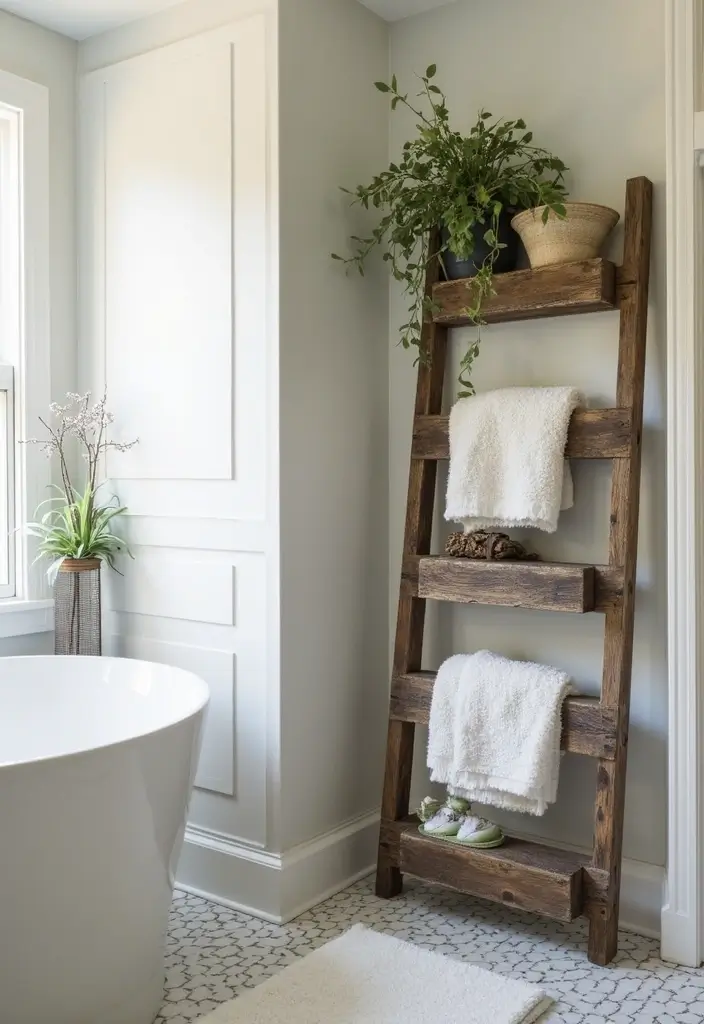 27 Small Bathroom Cabinet Ideas That Add Storage - 9. Bathroom Ladder Storage