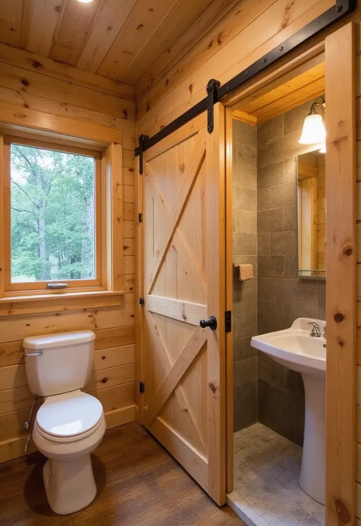 27 Small Cabin Bathroom Ideas With Rustic Charm - 14. Sliding Barn Doors