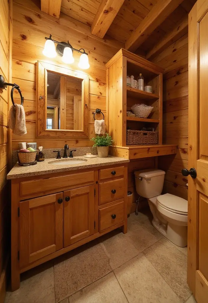 27 Small Cabin Bathroom Ideas With Rustic Charm - 16. Custom Cabinets