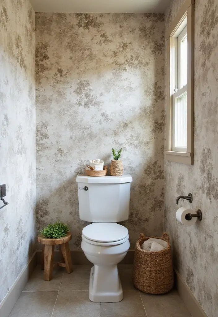 27 Small Cabin Bathroom Ideas With Rustic Charm - 18. Textured Wallpaper