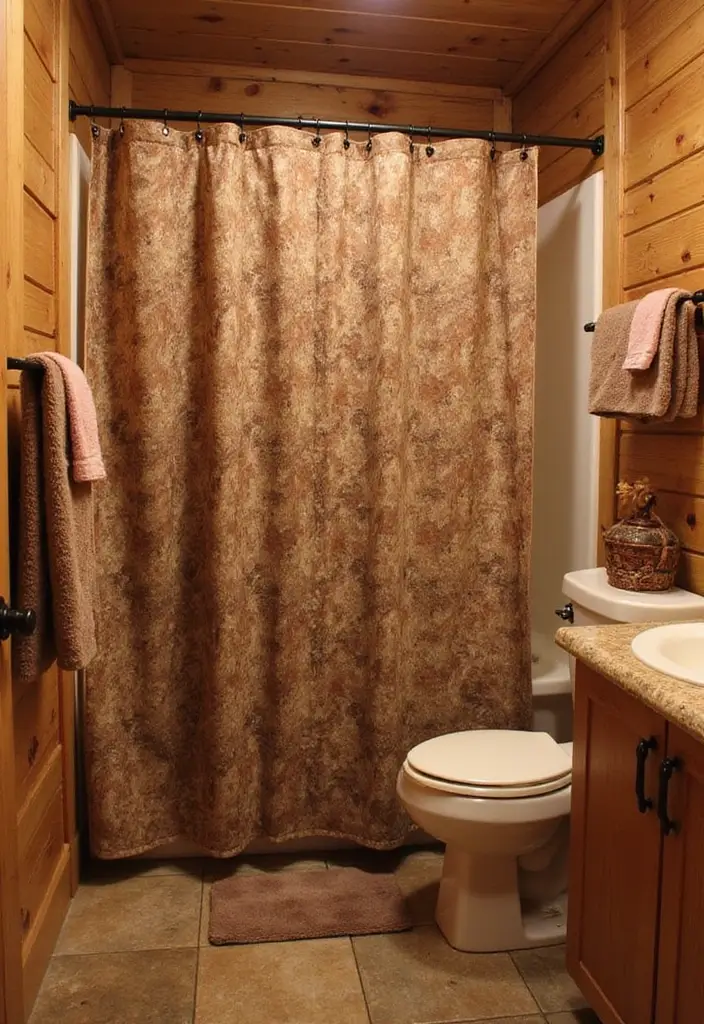 27 Small Cabin Bathroom Ideas With Rustic Charm - 19. Rustic Shower Curtains