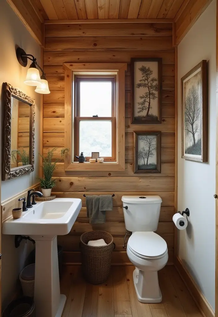 27 Small Cabin Bathroom Ideas With Rustic Charm - 25. Creative Wall Art