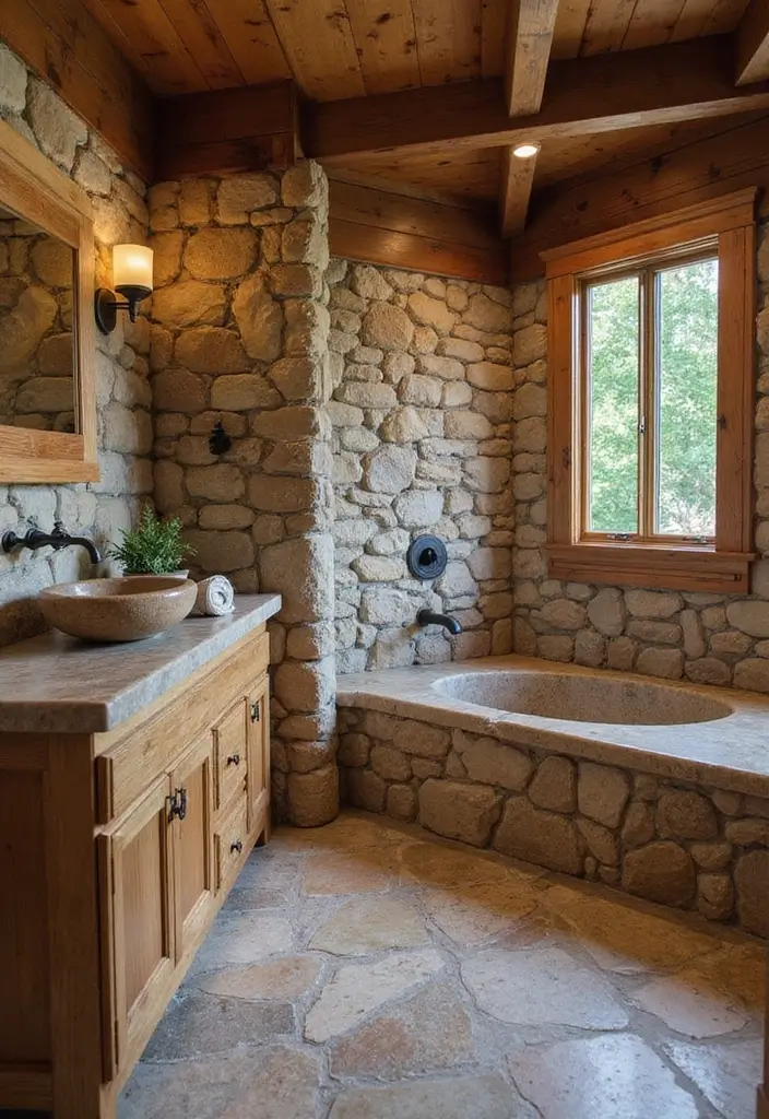 27 Small Cabin Bathroom Ideas With Rustic Charm - 4. Natural Stone Elements